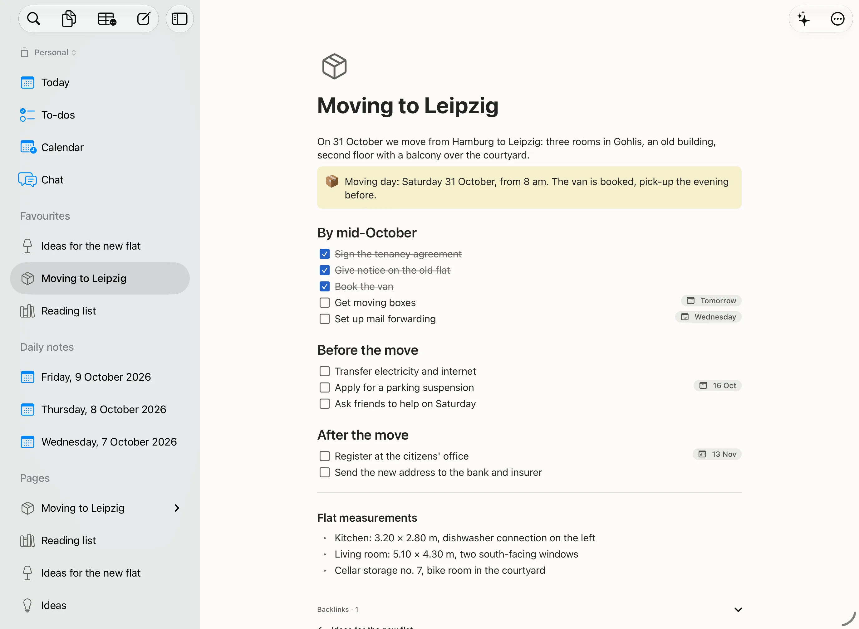 Tackbook on an iPad in landscape: the sidebar and the page “Moving to Leipzig” side by side.