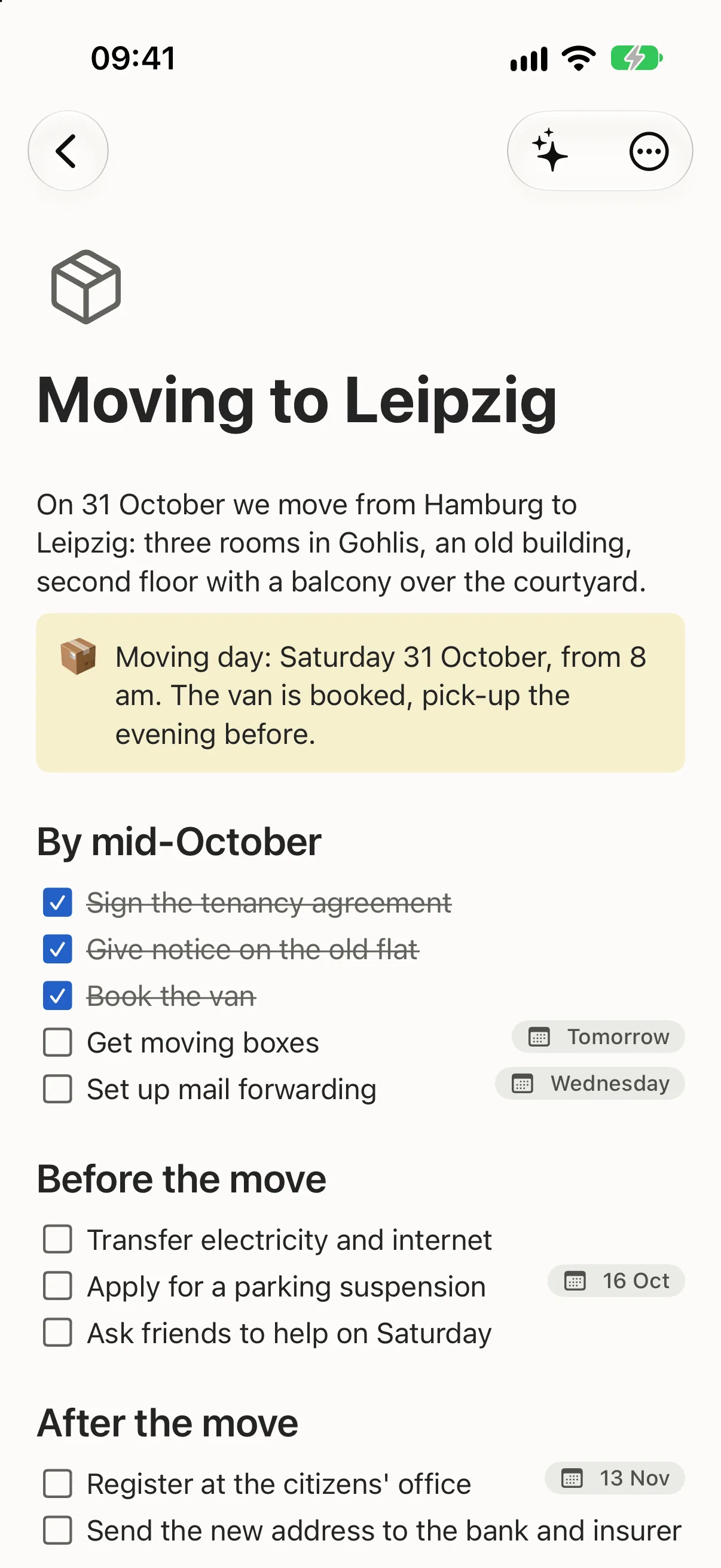 Tackbook on an iPhone: the page “Moving to Leipzig” full screen with its tasks.