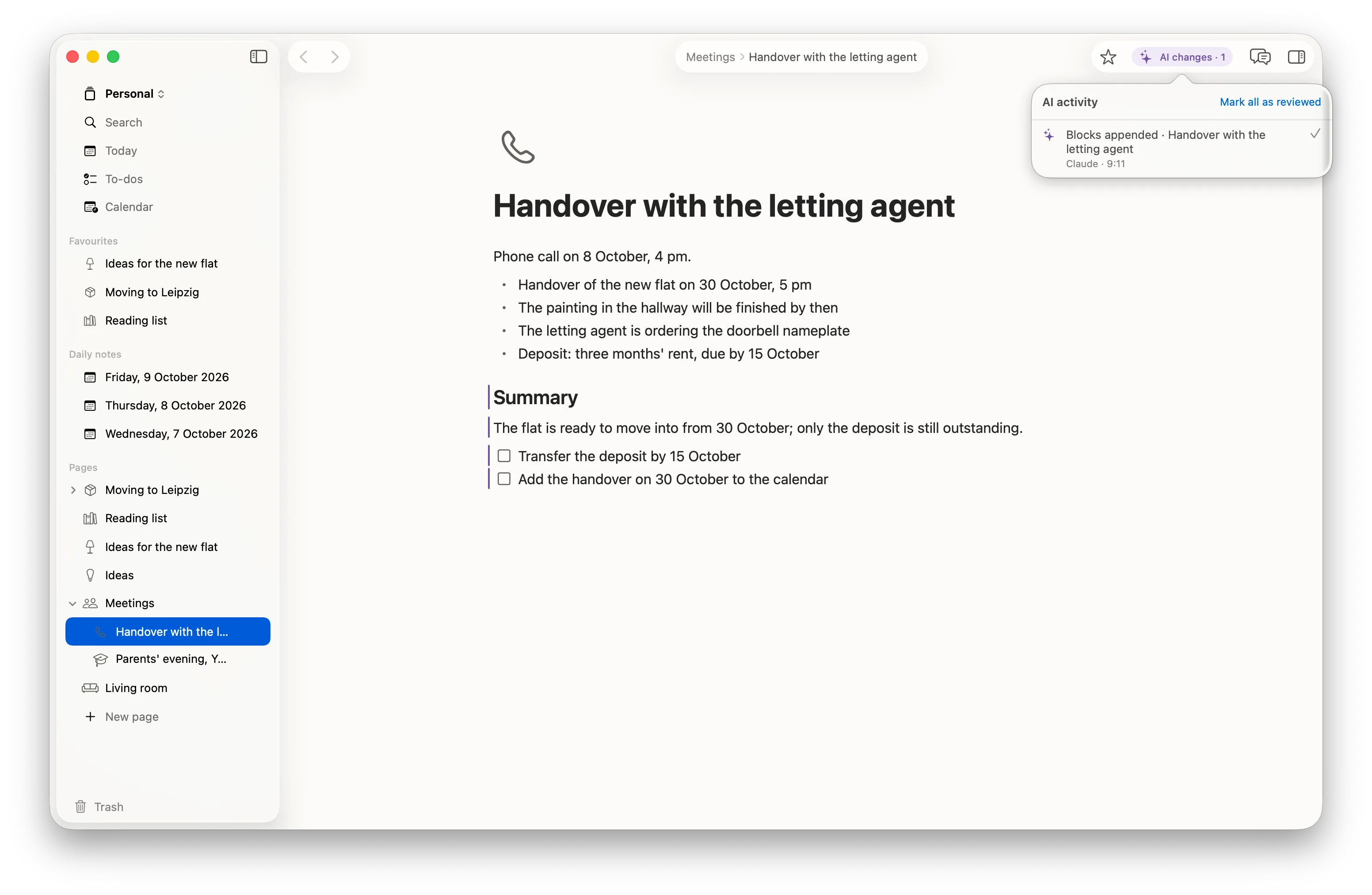 The page “Handover with the letting agent” on the Mac: Claude has added a summary and two tasks, marked in violet in the margin. At the top right, “AI changes · 1” opens the AI activity list with Claude’s entry “Blocks appended” at 9:11 and the button “Mark all as reviewed”.