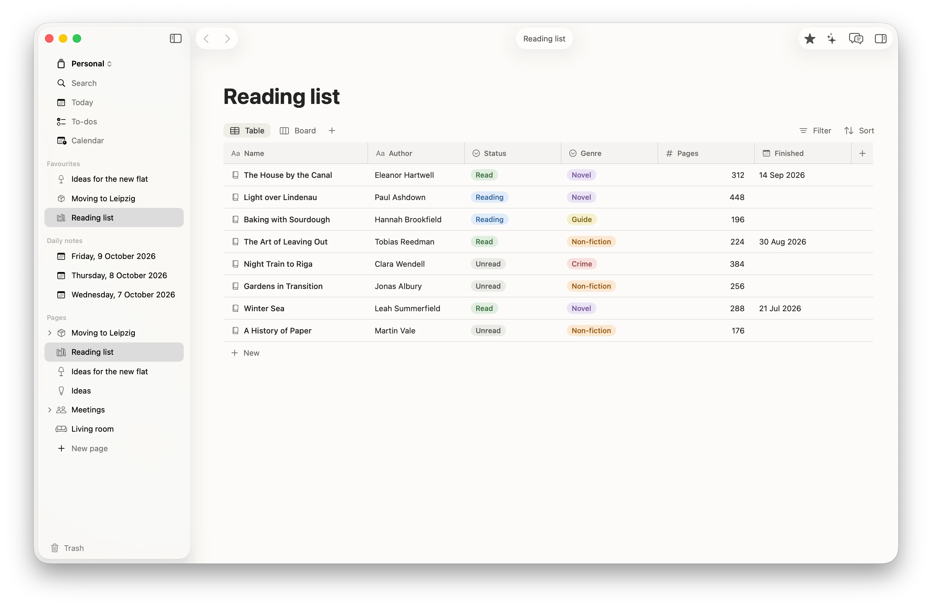 The database “Reading list” on the Mac as a table: eight books with author, status as coloured tags (Read, Reading, Unread), genre, page count and date finished; above it the Table and Board views, Filter and Sort.