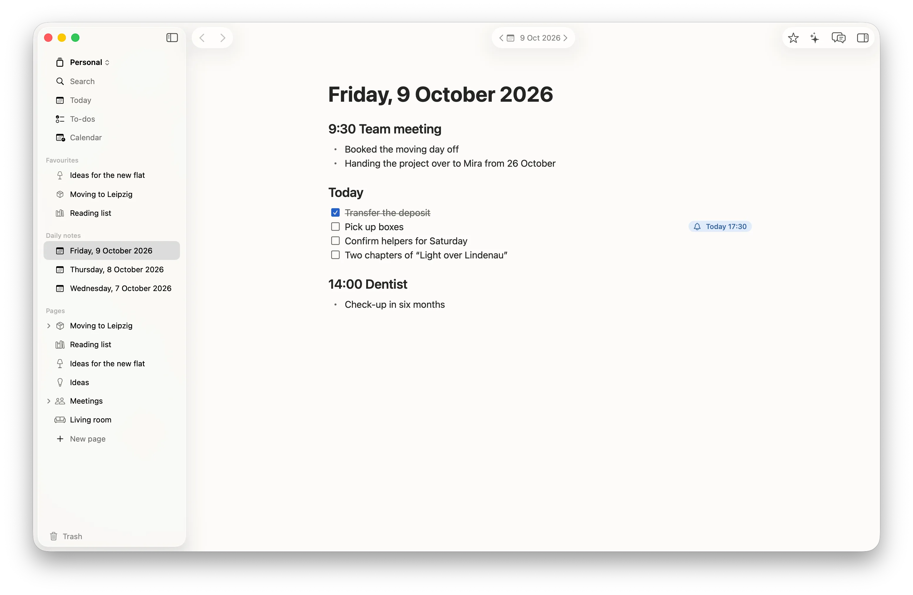 The daily note for Friday, 9 October 2026 on the Mac: notes on the team meeting at 9:30 and the dentist at 14:00, in between four tasks for today, one done, one with a reminder at 17:30.