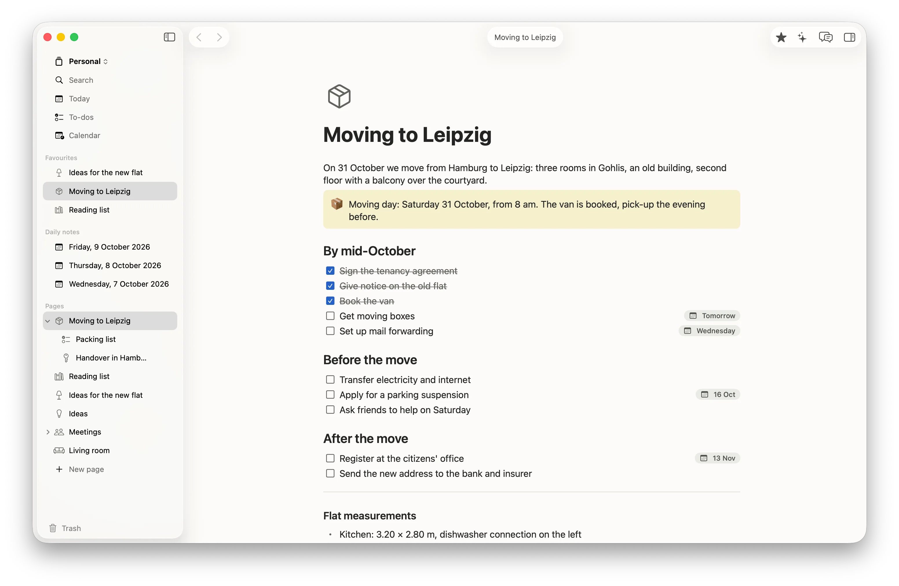 Tackbook on the Mac: on the left the sidebar with Today, To-dos, Calendar, Favourites, Daily notes and the page tree; on the right the page “Moving to Leipzig” with a note about moving day and tasks grouped by deadline, three of them done, some with due dates.